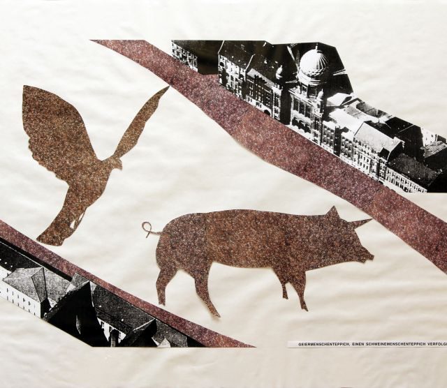 EIN GEIERMENSCHENTEPPICH, EINEN SCHWEINEMENSCHENTEPPICH VERFOLGEND