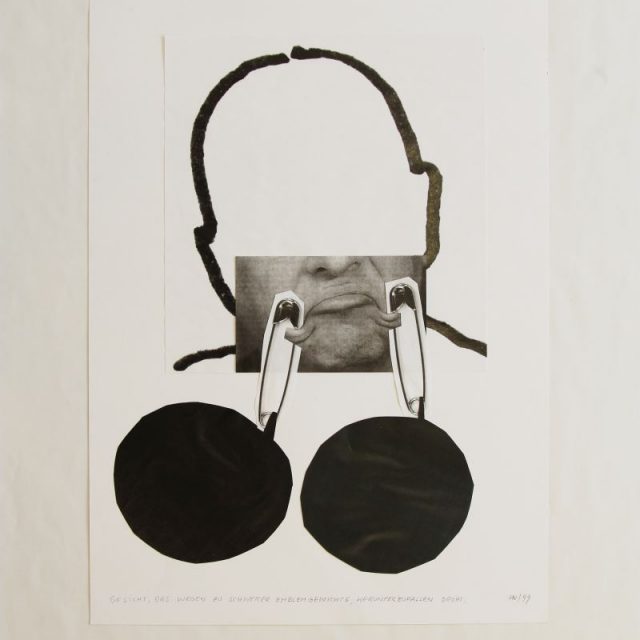 MENSCHENTEPPICHKNOTEN, DESSEN GESICHT WEGEN ZU SCHWERER GESPINSTGEWICHTE HERUNTERZUFALLEN DROHT